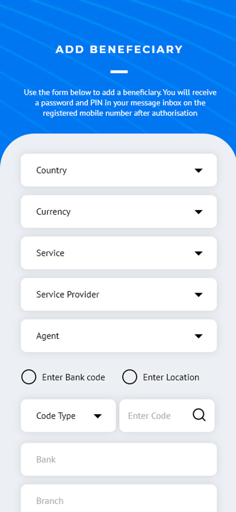 Eastern Exchange-Online Remit - Add beneficiary screen in the Eastern Exchange app for international money transfers