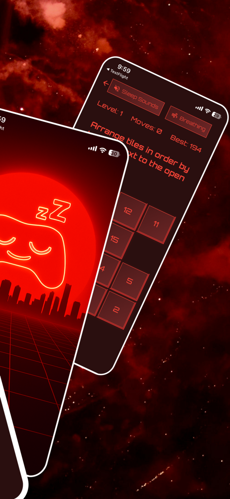 Screenshot of a numbered tile puzzle in Sleep Arcade showing its red low stimulation design
