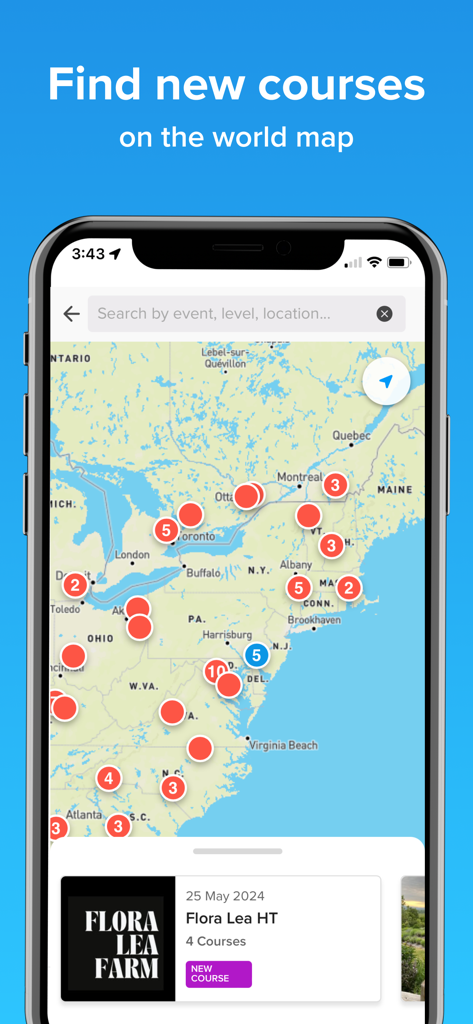 A mobile app screen showing a map with equestrian course locations across North America and a search bar.