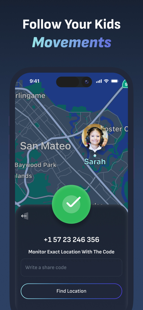 Location Tracker: Phone Track - Location Tracker app screen showing a child named Sarah on a real time map