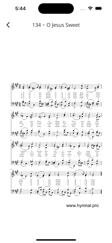 Hymnal Adventist - Hymnal Adventist app showing sheet music for O Jesus Sweet hymn