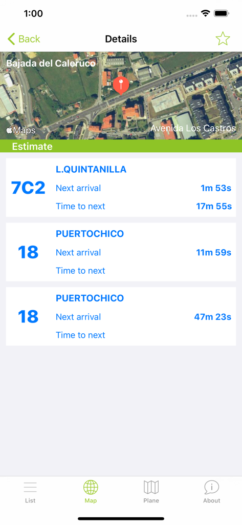 Pantalla de la aplicación TUS Santander que muestra las estimaciones de llegada de autobuses en tiempo real para las líneas 7C2 y 18 con una ubicación en el mapa de la parada de autobús