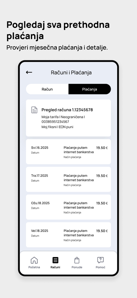 Interface de l'application mobile montrant l'historique de facturation et de paiement pour Telemach Hrvatska.