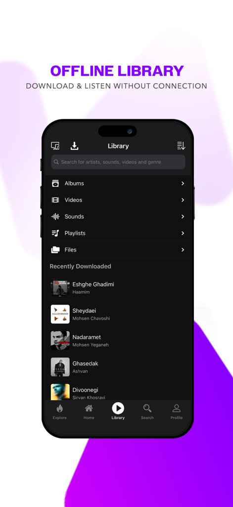 Karizo - Karizo app interface showing the offline library screen with categories for albums videos and sounds plus a recently downloaded music list