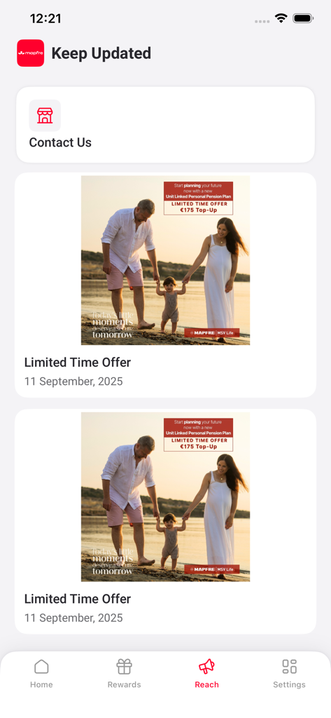 Club Mapfre - Interfaz de la aplicación móvil Club Mapfre que muestra la pestaña 'Reach' con ofertas por tiempo limitado y las últimas novedades