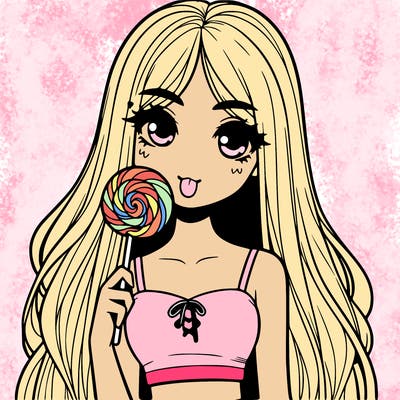 girl with a lollipop in her mouth with long straight hair with a crop top