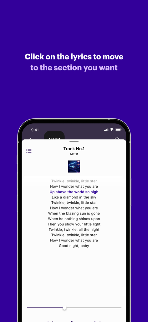 Smart Music Card - Smart Music Cardアプリに、インタラクティブなナビゲーション機能を備えた歌詞が表示されています。