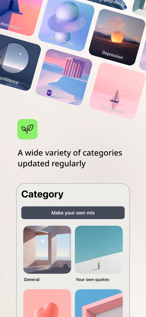 Motto - Daily Quotes - おしゃれでミニマルな背景を備えた名言カテゴリーを表示するMottoアプリのインターフェース
