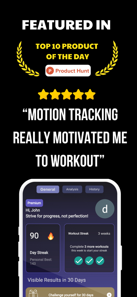 AI Fitness Coach: Basic Fit - Interface do aplicativo AI Fitness Coach mostrando o status de destaque do Product Hunt e um painel do usuário com sequências de treino e avaliações