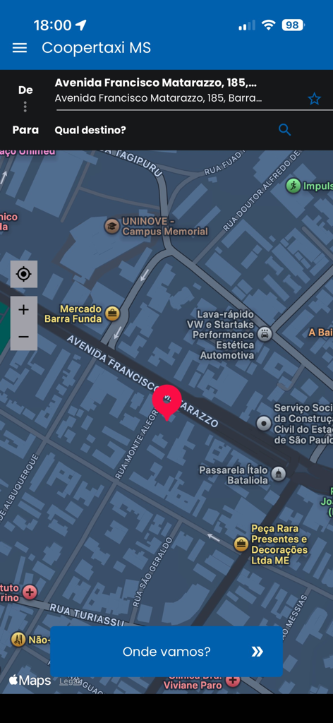 Coopertaxi MS - Interface do mapa do aplicativo Coopertaxi MS com uma barra de pesquisa de destino