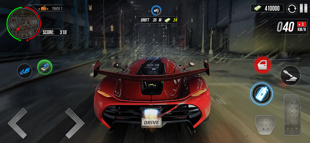 Car Drifting Night Driving - A red sports car drifting on a rainy city street at night