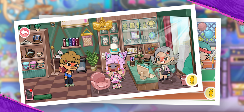 Tut World:Candy School - A school office scene in Tut World Candy School featuring an angry teacher and upset students in a cartoon style