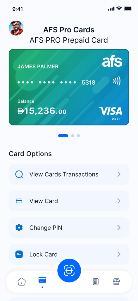 AFS Pro - The AFS Pro app interface showing a merchant prepaid VISA debit card with management options like viewing transactions and locking the card