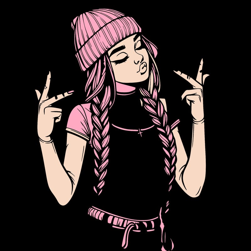 realistic teenage girl with braids and a beanie and crop top doing 🫶🏼