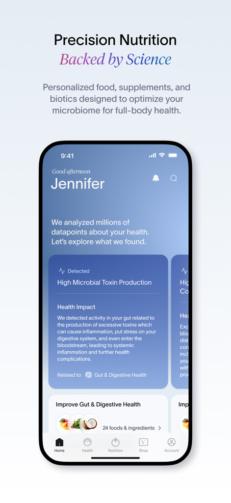 Viome - Viome mobile app dashboard showing personalized health insights and gut microbiome analysis.