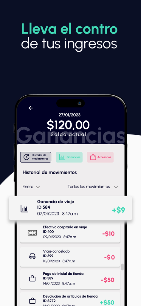 Ridery Drivers - Ridery Drivers app screen showing earnings balance and transaction history