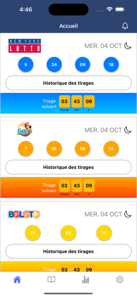 Home screen of the Boulpam app showing lottery results for New York and Florida.