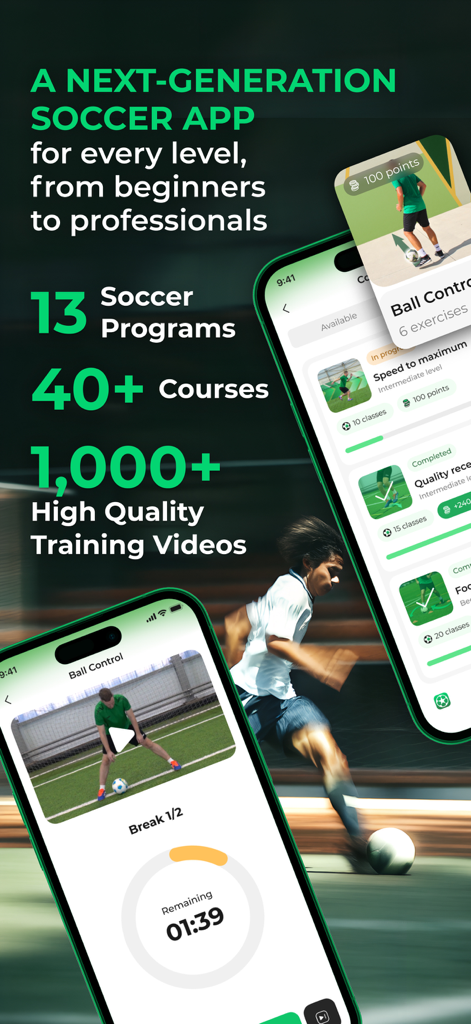 Ball in Goal: Soccer Training - Interface do aplicativo de treinamento de futebol Ball in Goal apresentando programas, cursos e vídeos de treinamento de alta qualidade