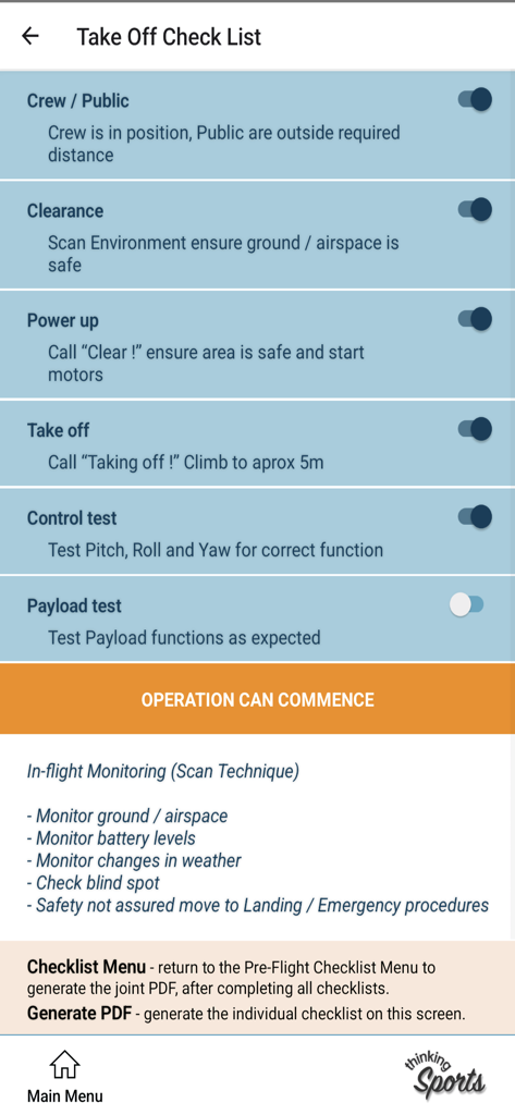 Take off checklist screen in the UAV Pilot Pal app showing safety and compliance steps for drone pilots