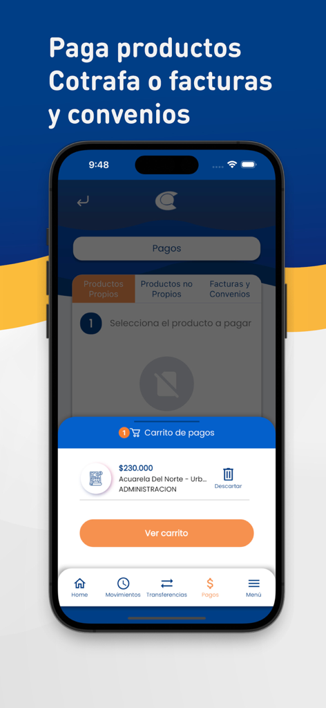 Interfaz de Cotrafa App mostrando la sección de pago de facturas y recibos con un carrito de compras para tarifas administrativas