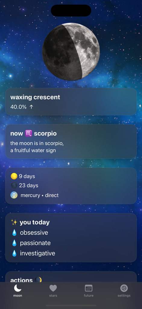 Full Moon Phase app interface showing a waxing crescent moon and Scorpio astrological sign details