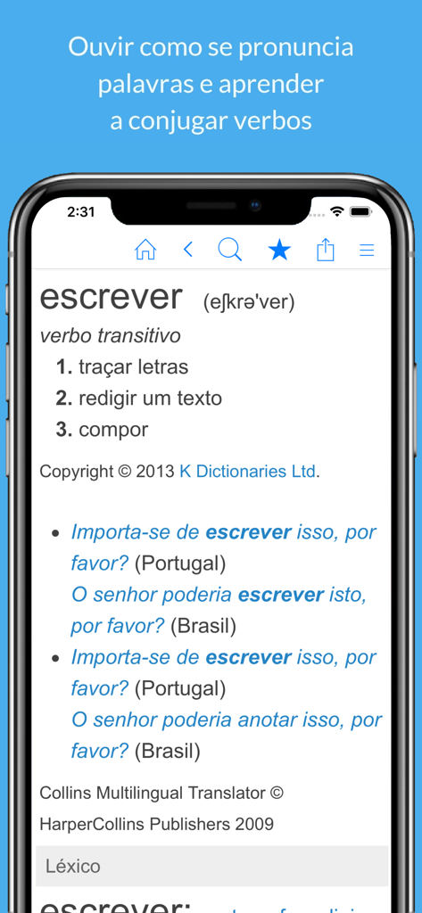 Dicionário Português. - Interface of the Portuguese dictionary app displaying definitions and usage examples for the verb escrever.