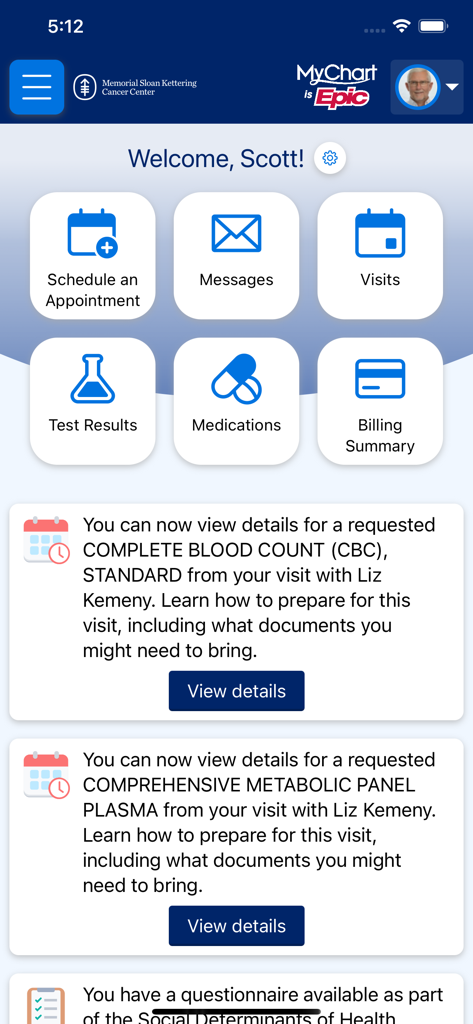 MSK MyChart - The home screen of the MSK MyChart app showing patient health management features and notifications