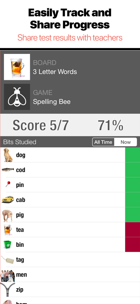Bitsboard Flashcards PRO - A progress report screen in Bitsboard showing a student score of 71 percent for a Spelling Bee game with a list of correctly and incorrectly identified words