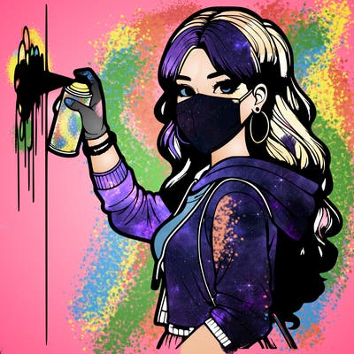 realistic girl with mask spray painting a wall