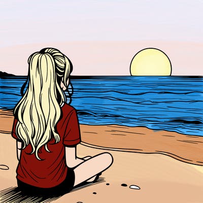 a girl watching the sunset on the horizon at ocean realistic