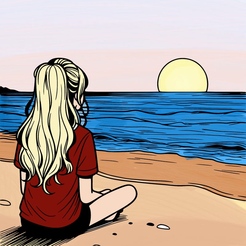 a girl watching the sunset on the horizon at ocean realistic