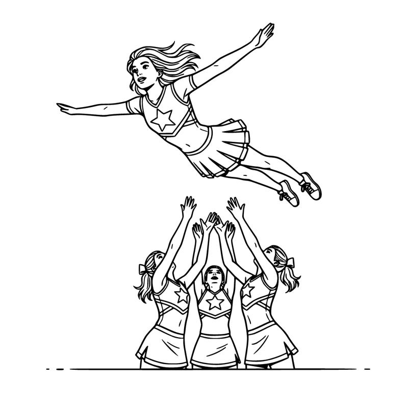 a girl flying in the air in a cheer outfit with more people about to catch her