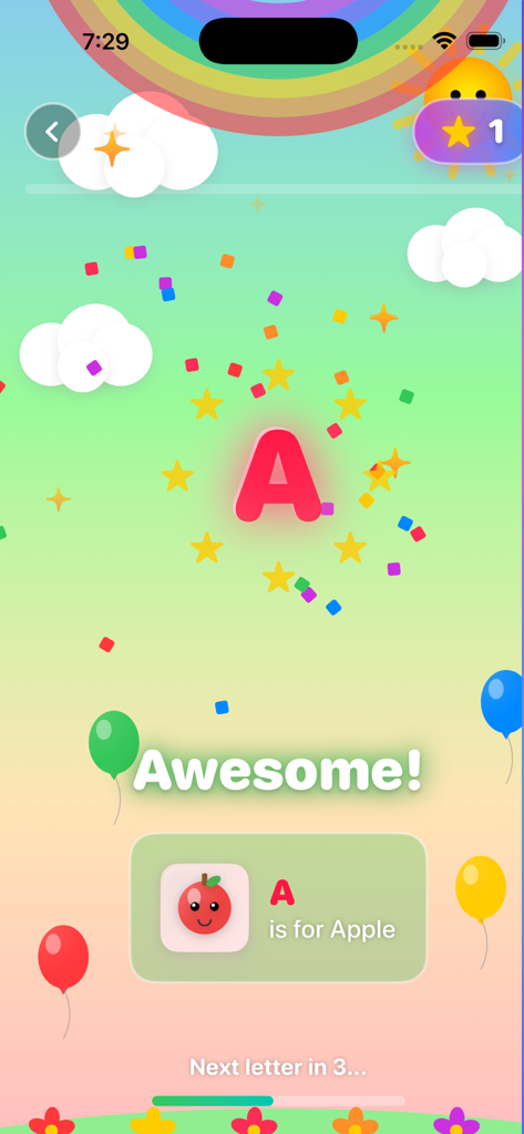ABC Kids - Learn & Play - Alphabet learning screen for letter A with a cute apple illustration and celebratory confetti for kids