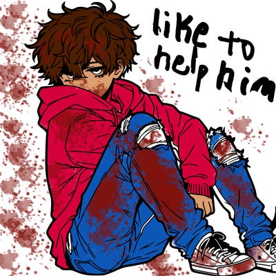 a male hoddie ripped jeans messy hair anime