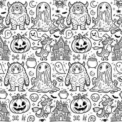 Get ready for a wickedly fun coloring adventure with this adorable Halloween seamless pattern! Featuring a delightful array of friendly monsters, spooky witches, and grinning jack-o'-lanterns, it's perfect for endless creative hours.