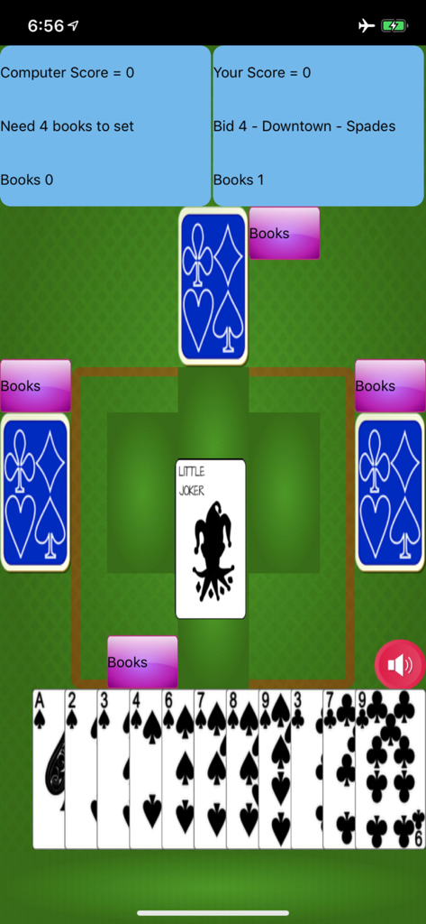 Bid Whist - Classic - Gameplay of Bid Whist Classic showing a hand of cards and bidding scores on a green table.