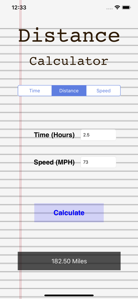 Distance Speed Time Calculator - Interface of a distance calculator app showing time and speed inputs with a result of 182.50 miles on a lined paper background