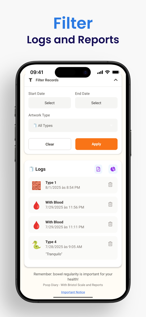 Top Poop Diary - A mobile app screen showing options to filter records by date and type alongside a historical list of digestive health logs.