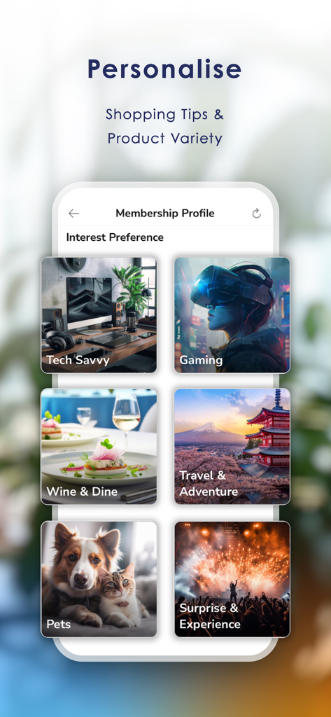 The Club - The Club mobile app screen showing membership interest categories for personalized rewards and shopping tips