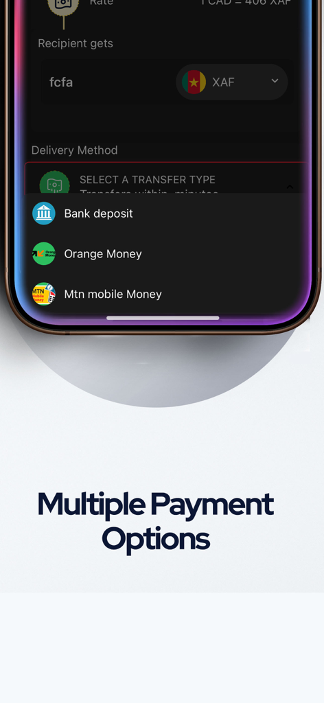 Transfergratis, money transfer - Transfergratis app interface showing delivery options like Bank deposit Orange Money and MTN mobile Money