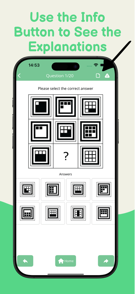 IQ Test: Advanced Matrices Pro - Captura de tela de uma questão de padrão de matriz no aplicativo IQ Test Advanced Matrices Pro mostrando a instrução do recurso de explicação.