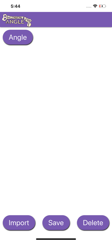 Bonesetter Angle - Bonesetter Angle医療アプリのメインユーザーインターフェース。角度測定、インポート、保存、削除機能のボタンが表示されている。