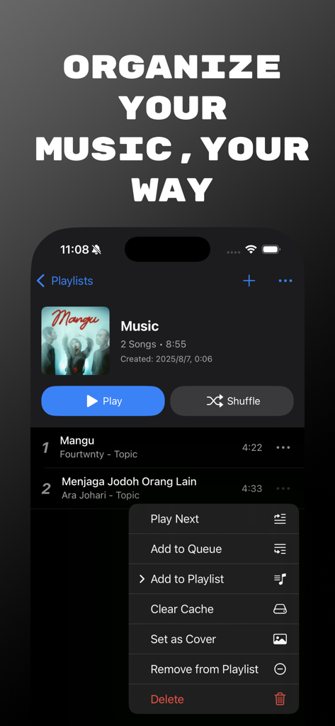 Music Player: Offline & Stream - Interface of a music player app showing a playlist with song options like play next and add to queue.