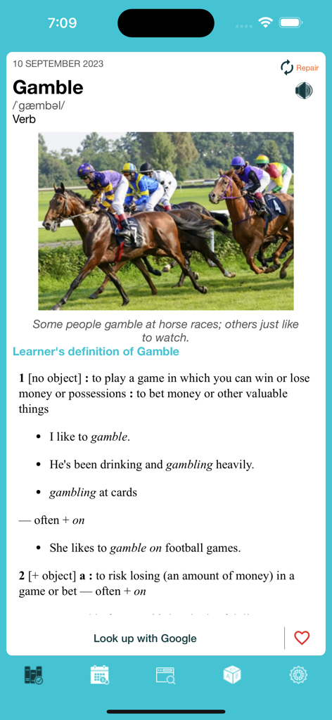 Mobile app interface displaying the definition and example sentences for the word Gamble with a horse racing image.