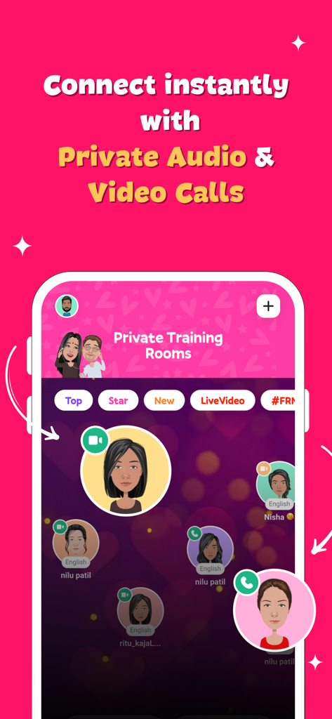 Interface of FRND app showing private audio and video calling options with user avatars