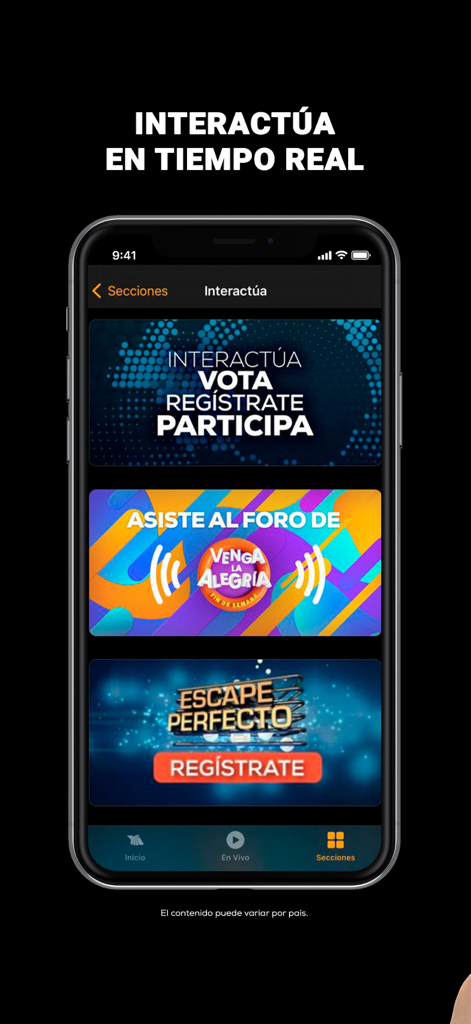 TV Azteca En Vivo - Interface da app TV Azteca Ao Vivo mostrando opções de interação em tempo real para programas como Venga La Alegria e Escape Perfecto.