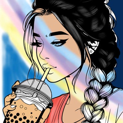 realistic girl drinking boba tea with braided hair