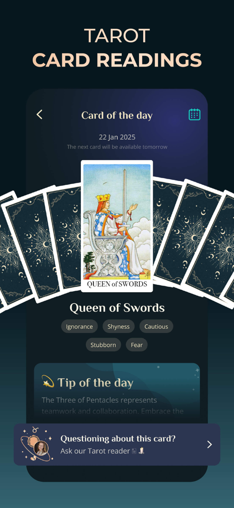 Daily Astrology Horoscope - Interface de lecture de tarot dans l'application Horoscope Astrologique Quotidien montrant la carte du jour de la Reine d'Épée