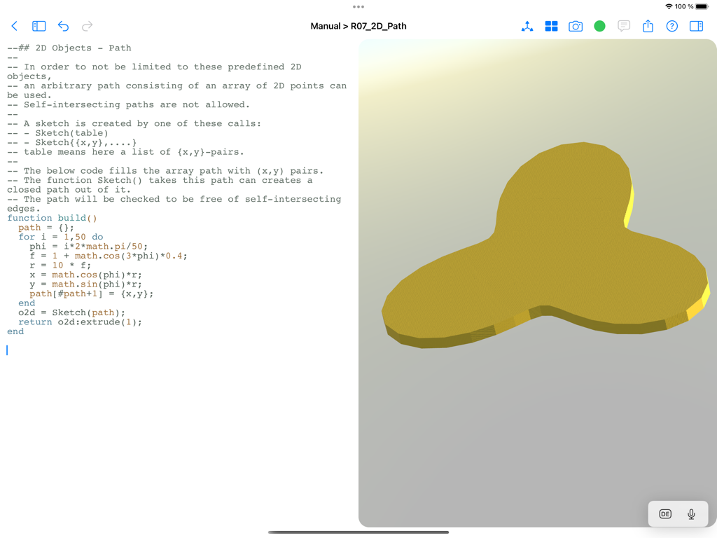 Modeler 3D - Die Modeler 3D App im geteilten Bildschirm zeigt den Lua-Code-Editor und eine gerenderte 3D-extrudierte Form.