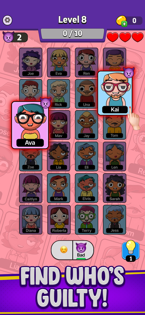 Clue Master - Logic Puzzles - A mobile game screen from Clue Master showing a grid of suspects to identify who is guilty.